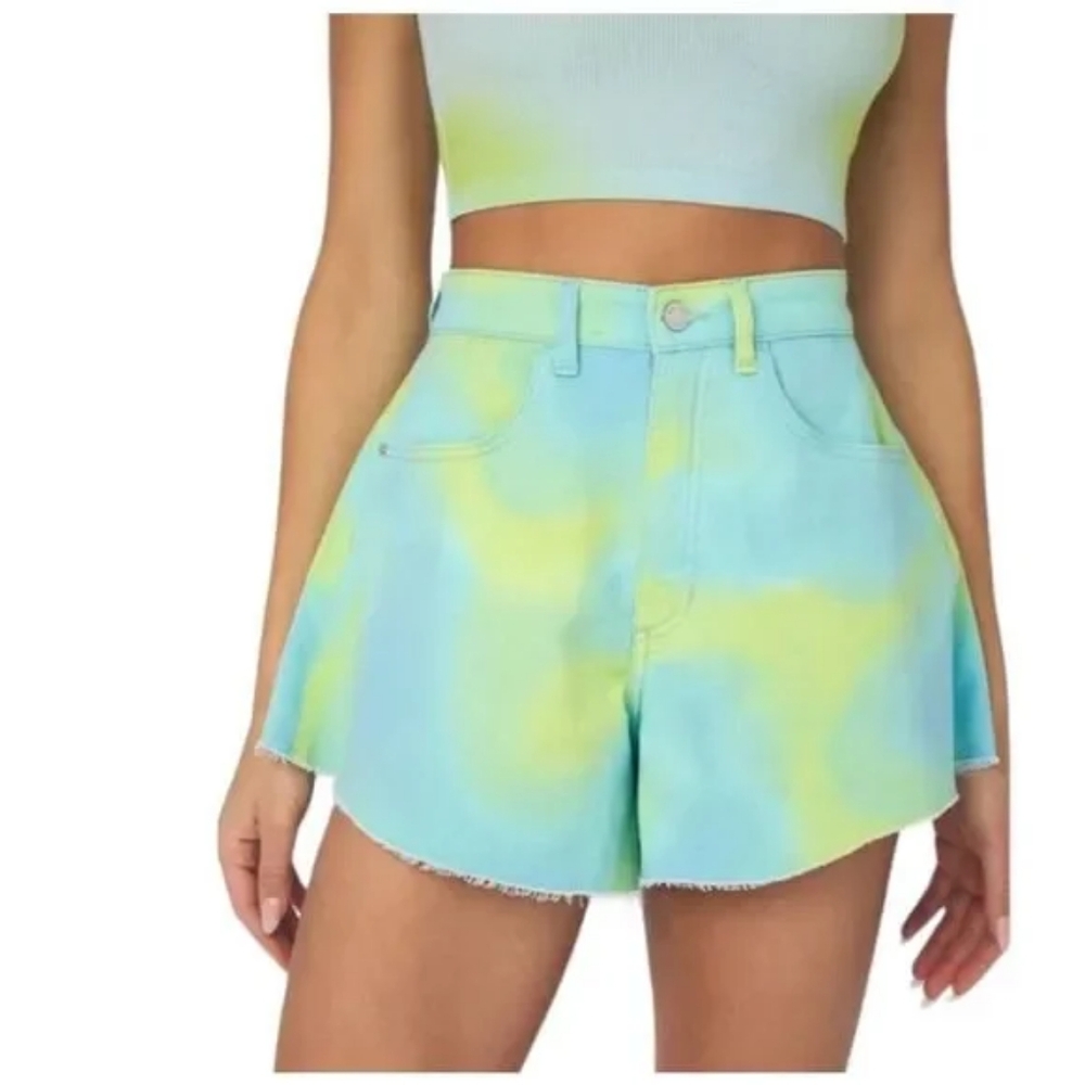 WeWoreWhat Twill Flare Bell Tie Dye Frayed Hem High Rise Denim Shorts